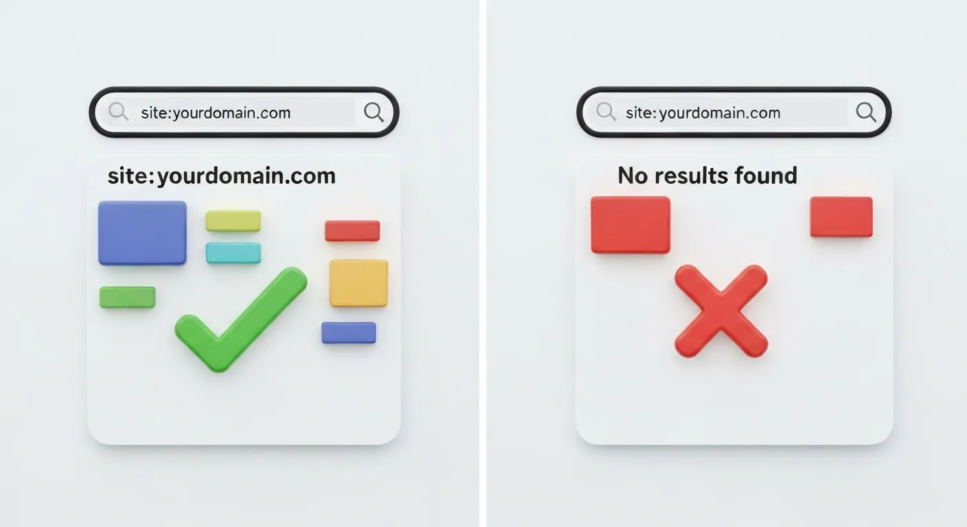 Grafika pokazująca, jak sprawdzić indeksację strony za pomocą komendy 'site:'. Po lewej stronie widać listę wyników dla zindeksowanej domeny, a po prawej pusty ekran z komunikatem o braku wyników dla strony niezaindeksowanej.
