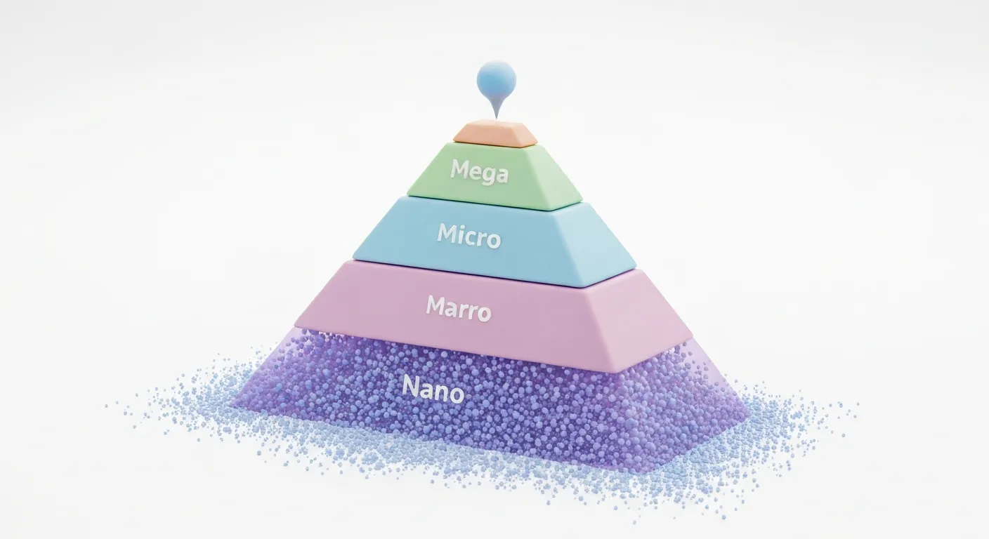 A 3D data visualization pyramid illustrating the different tiers of social media influencers. The pyramid is segmented into four levels: Nano-influencers at the wide base, followed by Micro, Macro, and Mega-influencers at the narrow peak, showing the relationship between audience size and engagement.