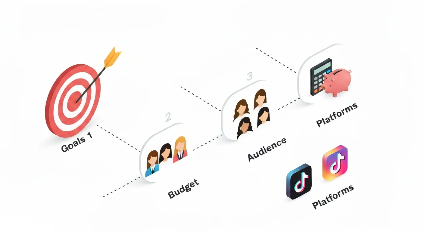 An isometric illustration showing the step-by-step process of planning an influencer marketing campaign, including icons for setting goals (KPIs), defining the target audience, establishing a budget, and choosing social media platforms.