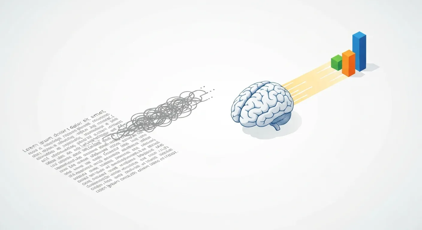 Ilustracja porównująca szybkość przetwarzania informacji przez mózg. Po lewej stronie jest skomplikowany blok tekstu, a po prawej prosta, kolorowa ikona wykresu. Szybka, świetlista strzałka prowadzi od ikony do stylizowanego mózgu, podczas gdy wolna, zawiła ścieżka prowadzi od tekstu.