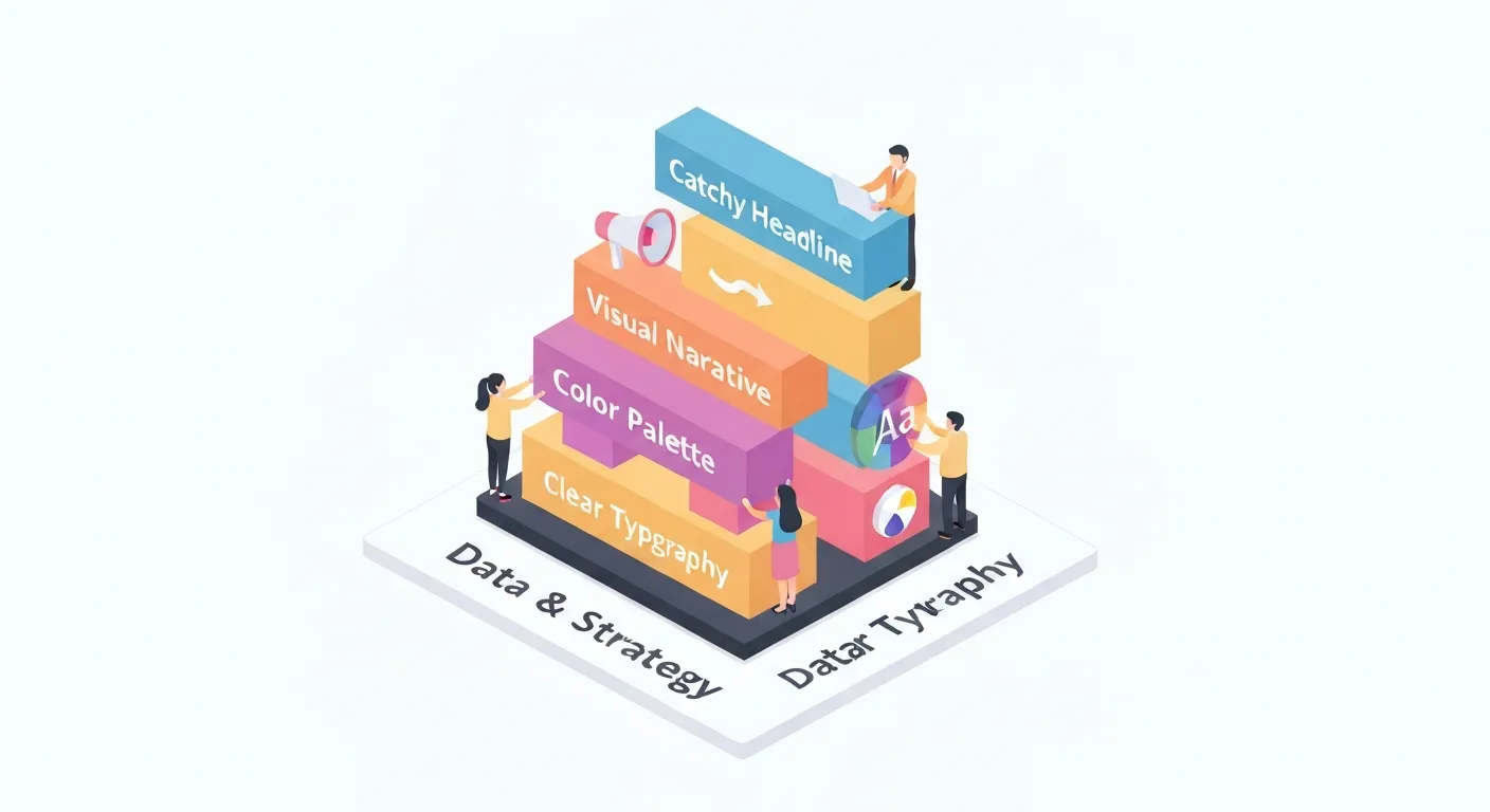 Izometryczna ilustracja pokazująca kluczowe elementy budowy skutecznej infografiki. Widoczne są fundamenty z ikonami danych i strategii, a na nich ułożone są klocki symbolizujące chwytliwy nagłówek, spójne kolory, czytelną typografię i logiczną narrację.