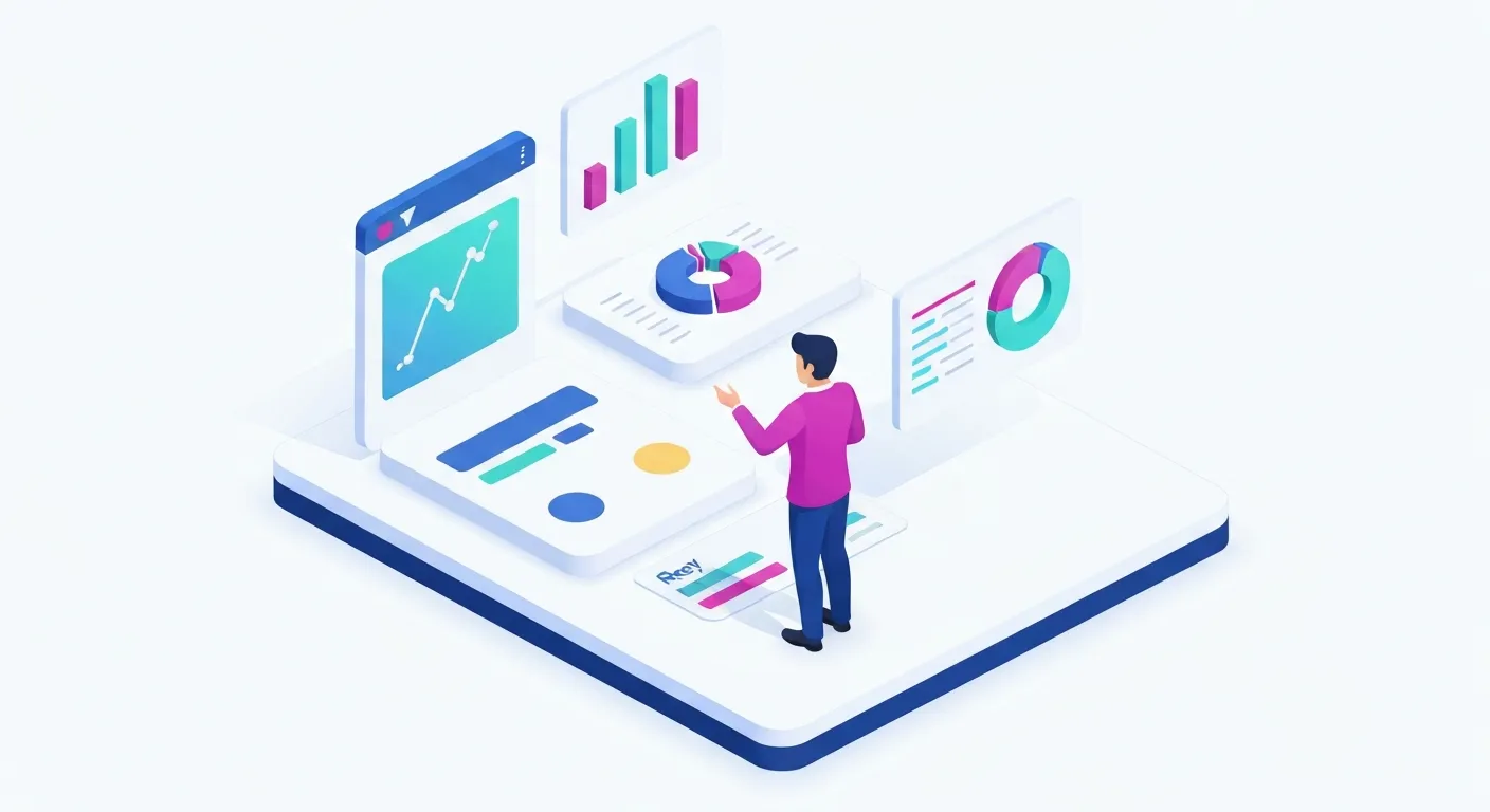 Izometryczna ilustracja przedstawiająca osobę stojącą przed trzema różnymi typami treści na Instagramie: postem, rolką i relacją. Nad każdą treścią unoszą się ikony analityczne, takie jak wykresy słupkowe i kołowe, co ilustruje proces porównywania skuteczności różnych formatów w Instagram Insights.