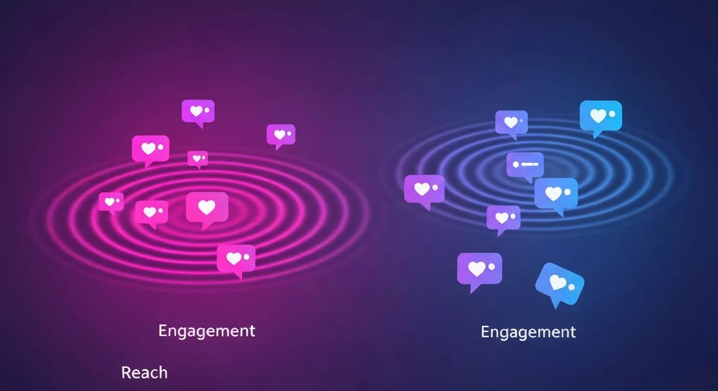 Abstrakcyjna wizualizacja danych przedstawiająca kluczowe metryki z Instagram Insights. W centrum znajduje się ikona profilu, z której rozchodzą się koncentryczne, przezroczyste fale symbolizujące 'Zasięg'. Wokół niej unoszą się trójwymiarowe ikony polubień (serca), komentarzy (dymki) i zapisów (zakładki), reprezentujące 'Zaangażowanie'.