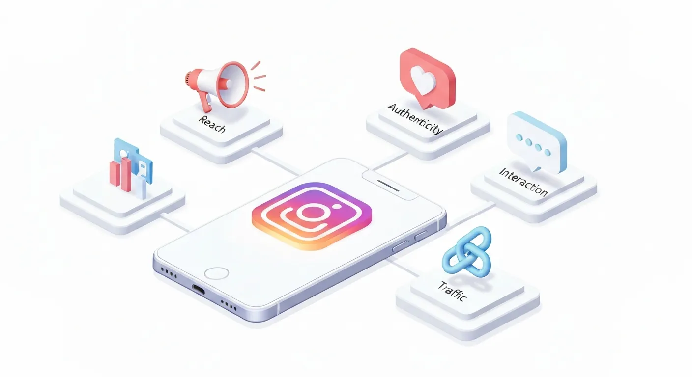 Ilustracja izometryczna pokazująca cztery kluczowe filary strategii marketingowej na Instagram Stories: zasięg (megafon), autentyczność (serce), interakcja (chmurki dialogowe) i ruch na stronę (ikona linku), połączone z centralnym smartfonem.