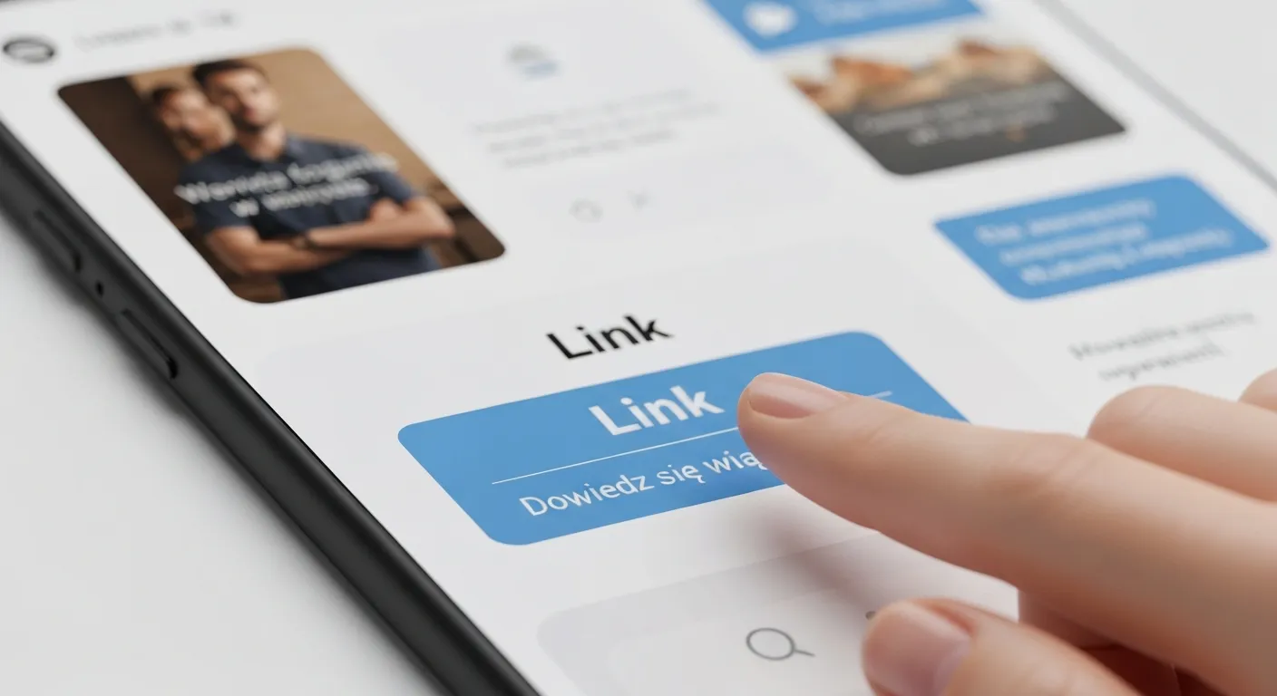 Zbliżenie na ekran smartfona w trybie tworzenia Instagram Story, z wyraźnie widocznym wezwaniem do działania (CTA) na naklejce z linkiem. Wokół palca gotowego do kliknięcia znajdują się inne interaktywne naklejki, takie jak ankieta i Q&A.