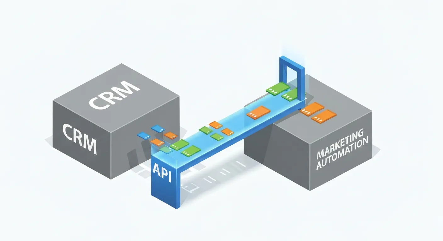 An isometric illustration showing separate business silos labeled CRM and Marketing being connected by a digital bridge, allowing data to flow automatically between them, which visualizes the concept of process automation through API integration.