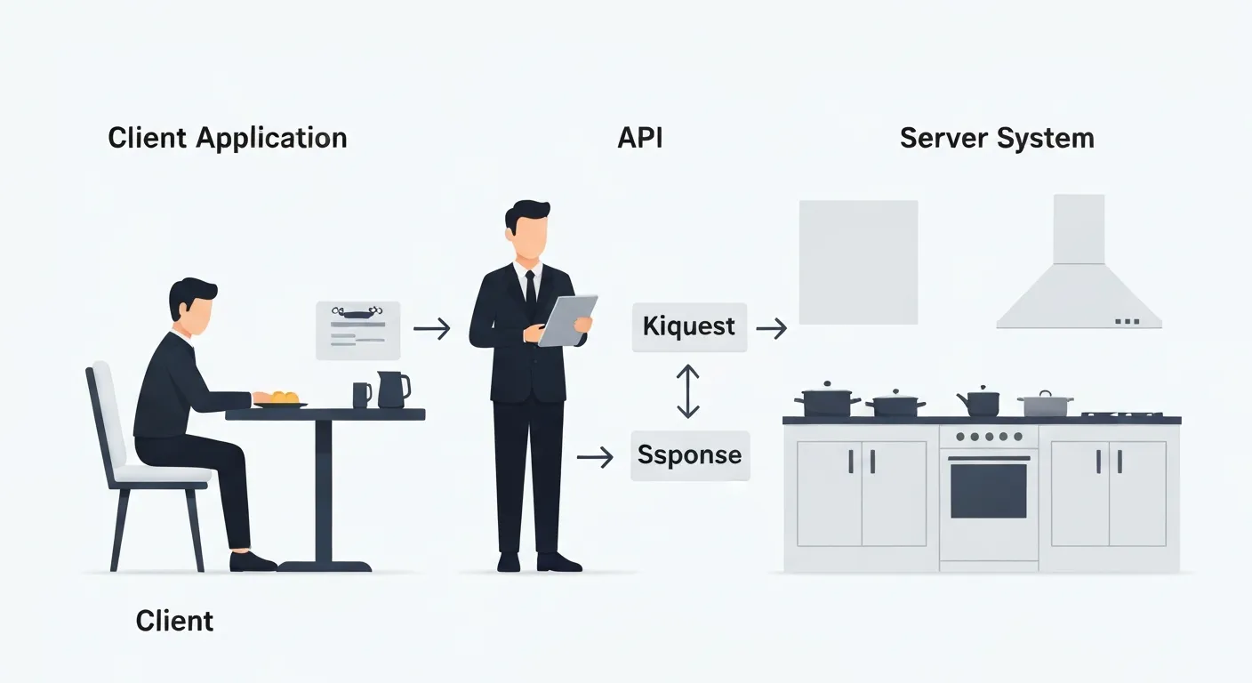 A simple, modern diagram illustrating the API-as-a-waiter metaphor. A customer at a table represents an application, a sleek waiter represents the API, and the kitchen in the background represents the server, showing the clear flow of a request and response.