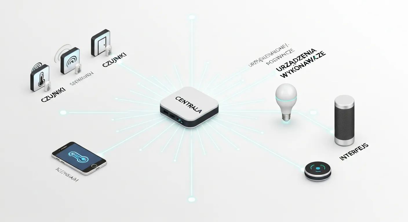 Schemat przedstawiający cztery filary inteligentnego domu: centralę (hub), czujniki, urządzenia wykonawcze i interfejs użytkownika, połączone cyfrowymi liniami.