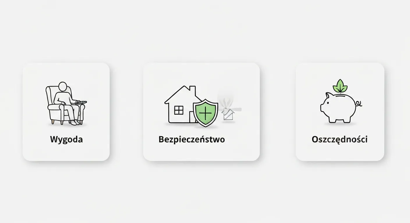 Trzy ikony symbolizujące główne korzyści inteligentnego domu: wygoda (fotel), bezpieczeństwo (tarcza chroniąca dom) i oszczędności (skarbonka z liściem).