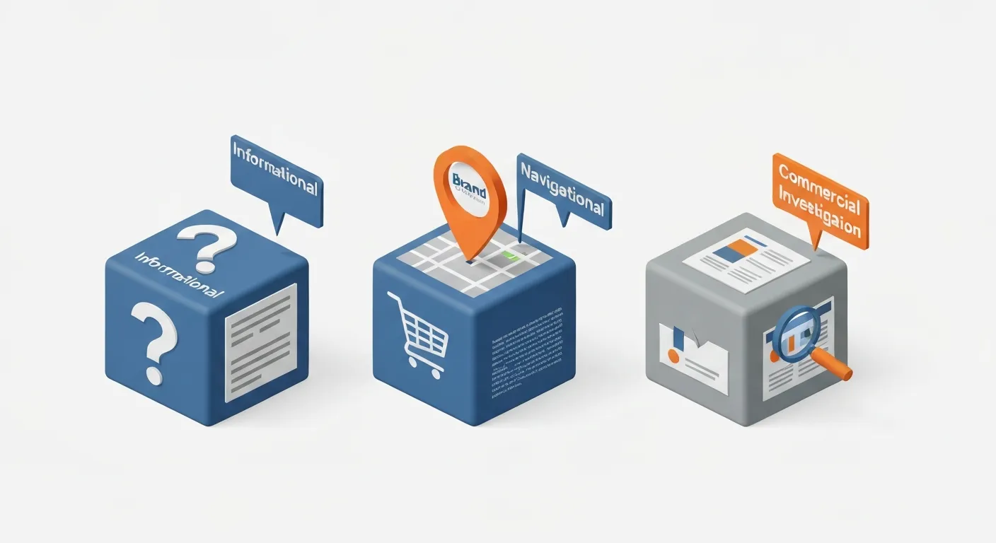 An isometric illustration showing four distinct cubes, each representing one of the four types of user intent in marketing: informational (question mark), navigational (map pin), transactional (shopping cart), and commercial (comparison chart).