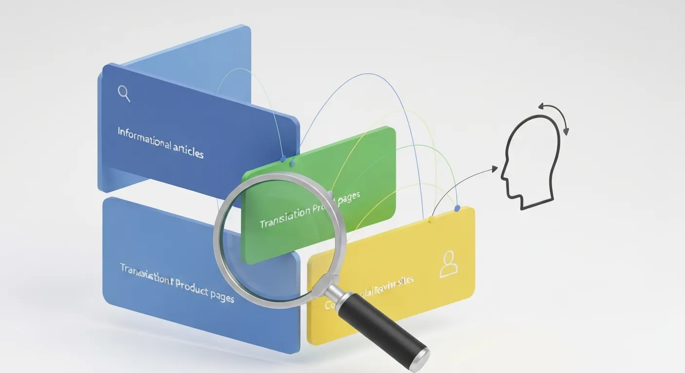 An abstract visualization of a marketer analyzing a search engine results page (SERP) to identify user intent. Different types of results, like articles and product pages, are color-coded and highlighted.