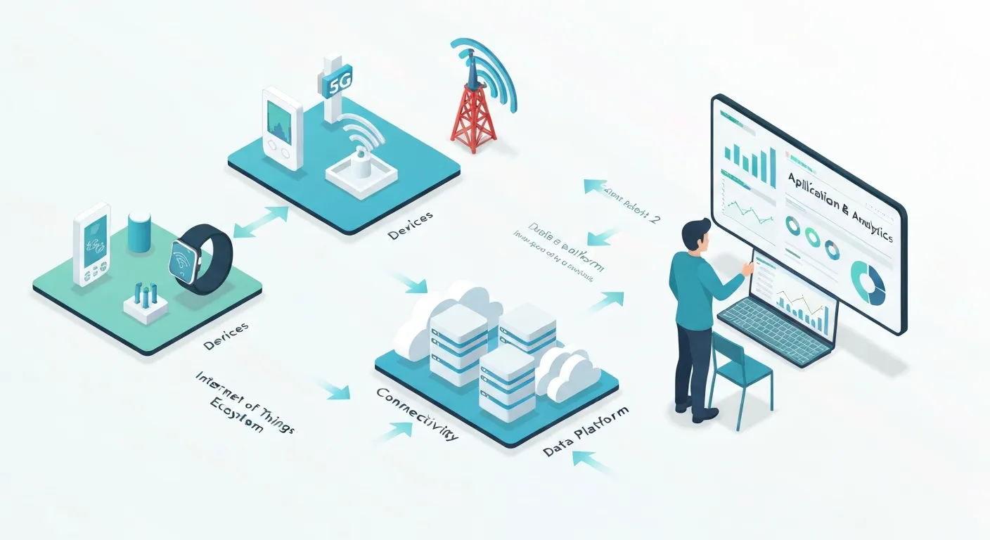 Ilustracja izometryczna wyjaśniająca cztery filary ekosystemu IoT: Urządzenia (czujniki), Łączność (wieże 5G), Platforma danych (serwery w chmurze) i Aplikacja (użytkownik z panelem analitycznym), połączone strzałkami symbolizującymi przepływ danych.
