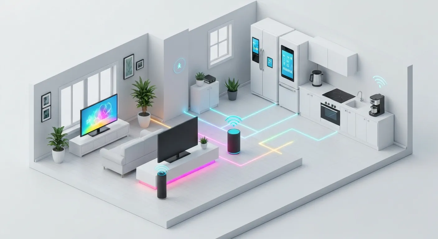 Izometryczny przekrój inteligentnego domu (Smart Home), pokazujący połączone urządzenia IoT w salonie i kuchni, takie jak inteligentna lodówka, głośnik i oświetlenie, połączone w jedną sieć.