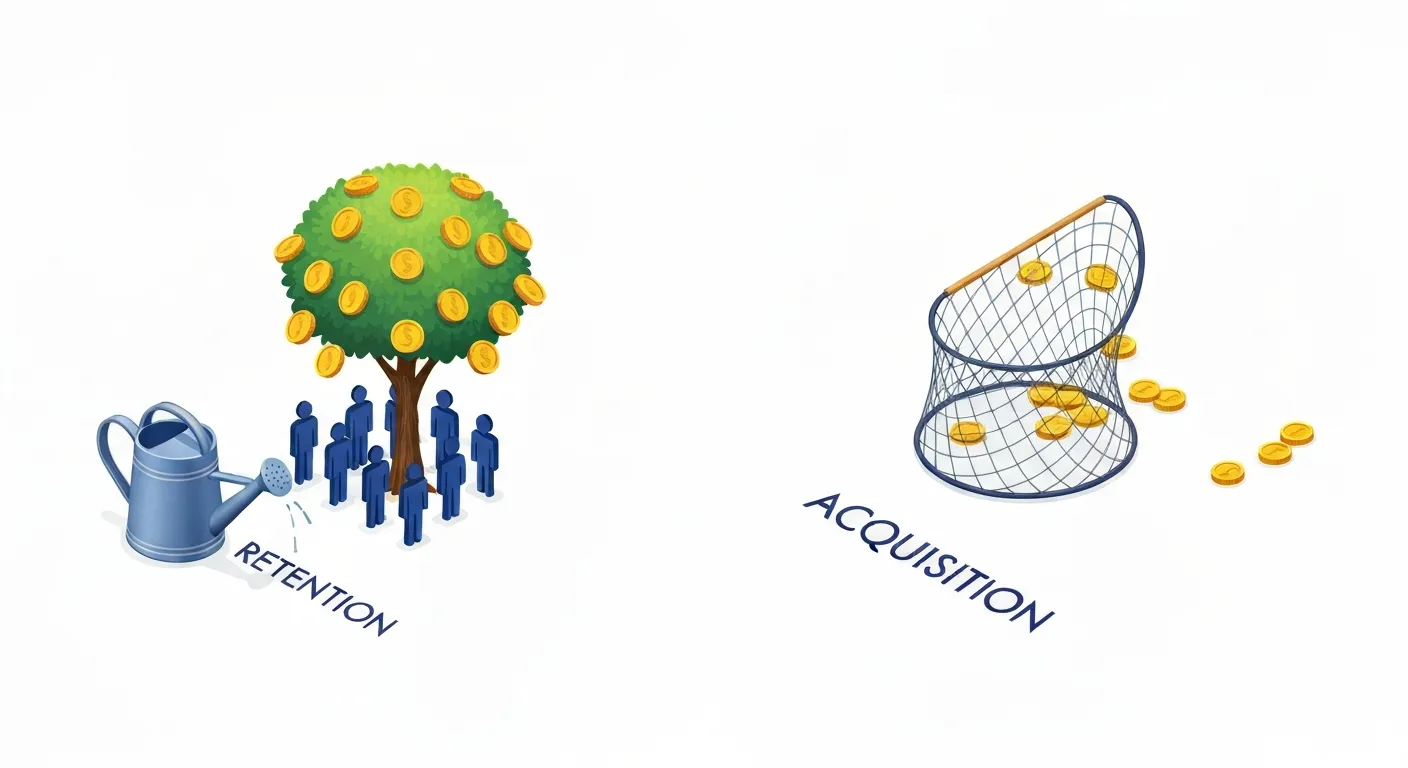 Wizualizacja danych w stylu izometrycznym, która pokazuje, że niewielka inwestycja w utrzymanie klienta (retencję) przynosi znacznie większe zyski niż kosztowne pozyskiwanie nowych klientów. Mała grupa lojalnych klientów generuje dużą, złotą monetę.