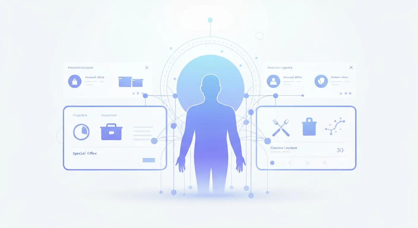 Ilustracja pokazująca spersonalizowane doświadczenie klienta. Smartfon wyświetla spersonalizowaną ofertę dla uśmiechniętej osoby, z rekomendacjami produktów opartymi na jej poprzednich zakupach. W tle widać wykresy danych symbolizujące analizę.