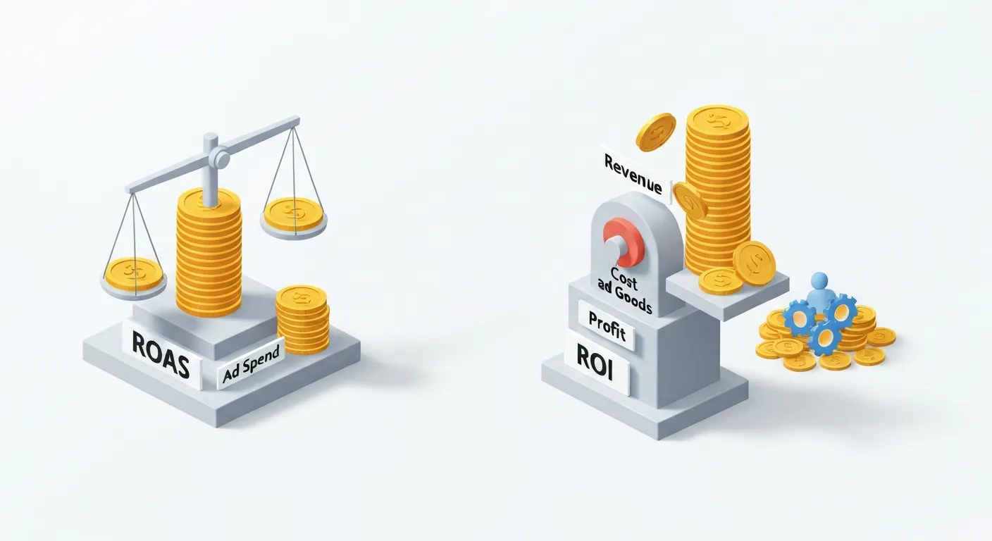 Grafika porównująca koncepcje ROI i ROAS. Po lewej stronie prosta waga z napisem 'ROAS' balansująca stos monet (przychód) z mniejszym stosikiem monet (koszt reklam). Po prawej stronie bardziej złożony mechanizm z napisem 'ROI' pokazujący, że od przychodu odejmowane są koszty produktów, a następnie wynik (zysk) jest porównywany z całkowitym kosztem inwestycji, który obejmuje reklamy, personel i narzędzia.