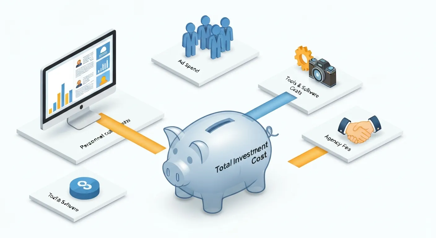 Izometryczna infografika pokazująca centralny, duży symbol waluty, do którego prowadzą ścieżki z różnych źródeł kosztów kampanii reklamowej. Każde źródło jest reprezentowane przez ikonę: ekran komputera z logo platformy reklamowej (Wydatki na media), ikona osoby przy biurku (Koszty personalne), zestaw narzędzi i oprogramowania (Narzędzia), pędzel i aparat (Koszty kreacji) oraz ikona uścisku dłoni (Opłaty agencyjne).