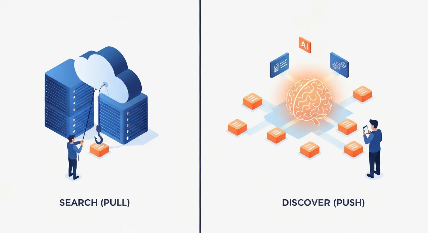 Ilustracja koncepcyjna porównująca mechanizmy 'pull' i 'push'. Po lewej stronie użytkownik aktywnie wyciąga informację z chmury danych. Po prawej, centralny mózg AI proaktywnie wysyła spersonalizowane pakiety informacji do użytkownika.
