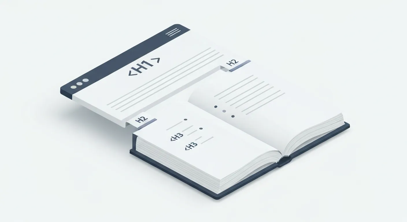 Ilustracja izometryczna porównująca strukturę artykułu do otwartej książki. Główny tytuł na stronie jest oznaczony jako H1. Główne sekcje tekstu są wizualnie oddzielone i oznaczone jako rozdziały z etykietami H2, a mniejsze punkty wewnątrz rozdziału są oznaczone jako H3.