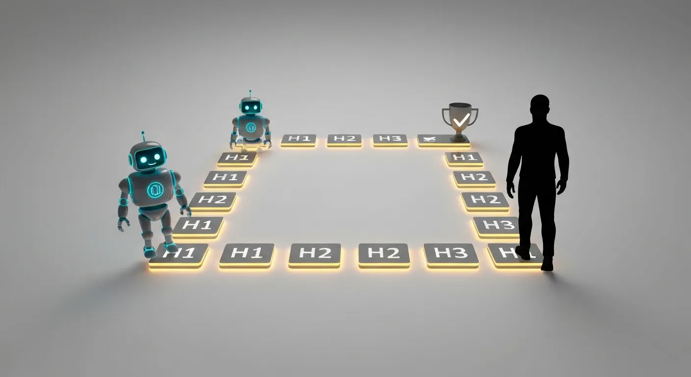 Grafika pokazująca dwie ścieżki prowadzące przez treść. Jedna ścieżka jest podążana przez stylizowanego robota (symbolizującego Google), a druga przez człowieka. Obie ścieżki składają się z wyraźnych drogowskazów oznaczonych H1, H2 i H3, co symbolizuje, że nagłówki ułatwiają nawigację zarówno maszynom, jak i ludziom.