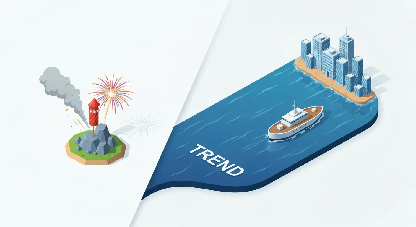 An isometric illustration contrasting a long-term trend with a short-lived fad. On one side, a powerful, deep ocean current labeled 'Trend' flows steadily forward, carrying a ship towards a prosperous city. On the other side, a flashy firework labeled 'Fad' explodes and quickly fizzles out over a small, isolated island, representing the ephemeral nature of fads versus the sustainable growth provided by trends.