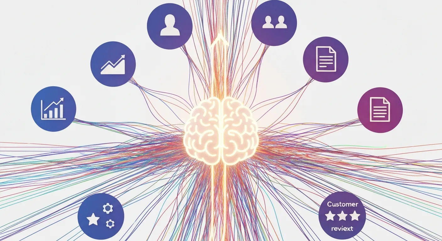 An abstract visualization of the 'trendspotting' process. A central, glowing brain icon acts as an analysis hub, receiving various data inputs from surrounding icons: a bar graph (analytics), social media symbols (social listening), a magnifying glass over a world map (market research), and speech bubbles (customer feedback). These inputs are processed and transformed into a single, clear, upward-pointing arrow, symbolizing a verified trend.