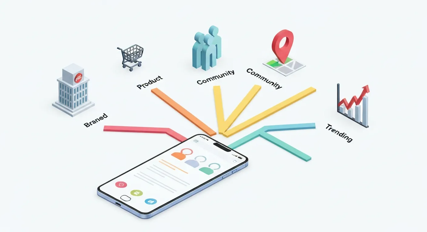 Ilustracja izometryczna przedstawiająca pięć głównych typów hashtagów. Z centralnego smartfona wychodzą ścieżki prowadzące do ikon symbolizujących hashtagi brandowe, produktowe, społecznościowe, lokalizacyjne i trendujące.