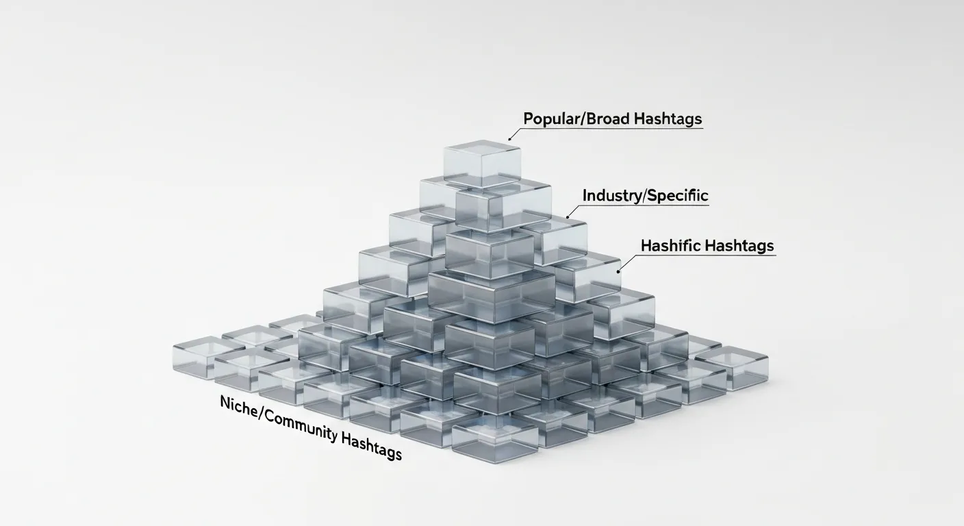 Grafika przedstawiająca strategię 'piramidy hashtagowej'. Piramida zbudowana jest z bloków: szeroka podstawa to liczne hashtagi niszowe, środek to hashtagi branżowe, a wąski szczyt to kilka popularnych hashtagów o dużym zasięgu.