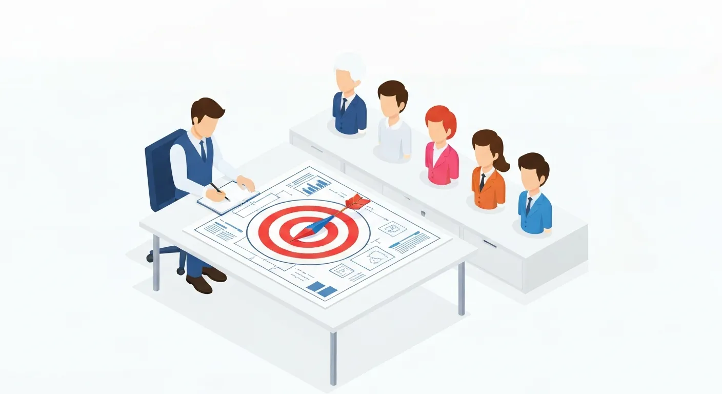 Ilustracja izometryczna przedstawiająca osobę planującą ankietę. Na stole leży schemat ankiety, na którym znajduje się kompas wskazujący na ikonę celu (tarcza strzelnicza) oraz wyraźnie zdefiniowane persony reprezentujące grupę docelową. Obraz symbolizuje strategiczne planowanie ankiety.