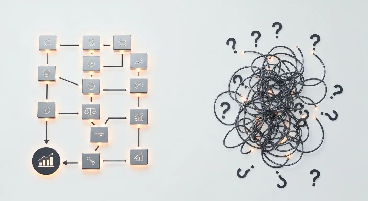 Abstrakcyjna wizualizacja dwóch ścieżek ankiety. Jedna ścieżka jest prosta i logiczna, złożona z połączonych ze sobą bloków pytań, prowadząca do ikony analizy danych. Druga ścieżka jest splątana i chaotyczna, z pytajnikami i przerwami, co ilustruje różnicę między dobrze a źle ustrukturyzowaną ankietą.