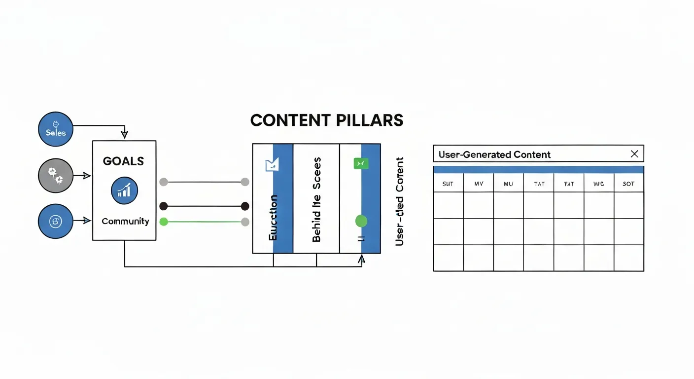 An abstract visualization of a content strategy plan for social media stories. The image shows interconnected nodes representing goals, content pillars like 'Behind the Scenes' and 'Tutorials', and a final calendar for execution.