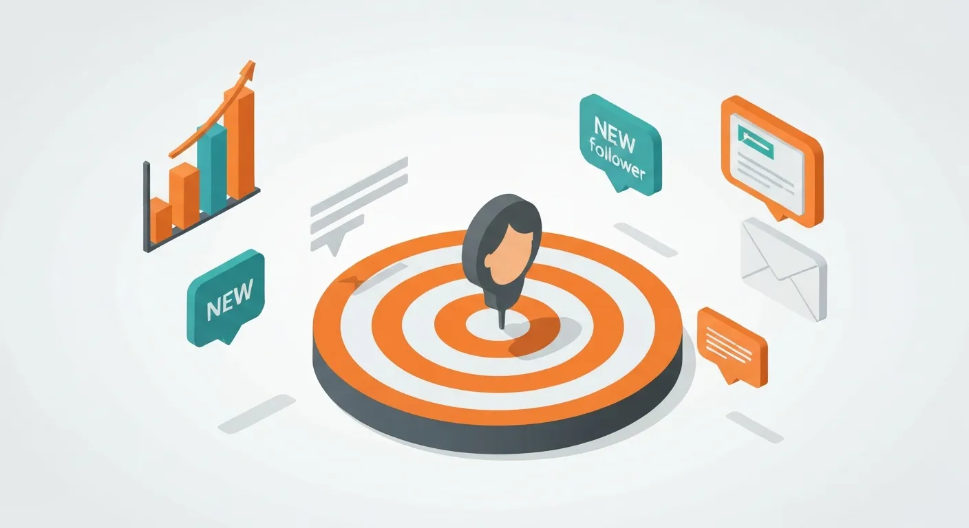 Izometryczna ilustracja przedstawiająca planszę strategiczną z tarczą celowniczą pośrodku. Wokół tarczy znajdują się ikony symbolizujące cele biznesowe: rosnący wykres, ikona nowych obserwujących i ikona listy mailingowej. Symbolizuje to proces definiowania celów i grupy docelowej giveawayu.