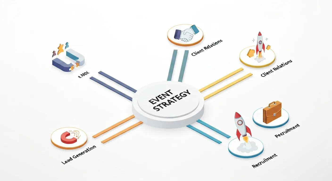 Ilustracja izometryczna przedstawiająca centralny, szklany budynek z napisem 'EVENT', z którego wychodzą cztery wyraźne ścieżki prowadzące do ikon symbolizujących cele biznesowe: magnes (generowanie leadów), serce w dłoniach (relacje z klientami), rakieta (wprowadzenie produktu) i sylwetka człowieka (rekrutacja).