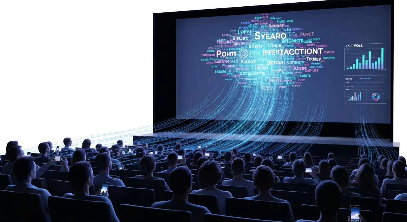 Ilustracja koncepcyjna pokazująca, jak technologia zwiększa zaangażowanie uczestników eventu. Widzimy publiczność, gdzie każda osoba trzyma smartfon, z którego wychodzą świetliste linie łączące się z dużym ekranem na scenie, na którym wyświetlane są wyniki ankiety na żywo i chmura słów z pytaniami od publiczności.