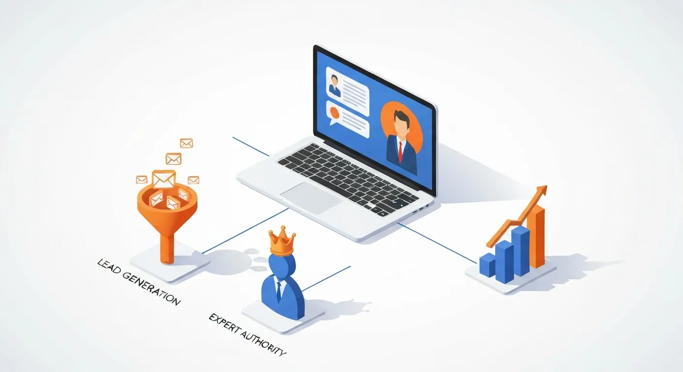 Ilustracja pokazująca kluczowe korzyści z prowadzenia webinaru, takie jak generowanie leadów, budowanie autorytetu eksperta i edukowanie rynku.