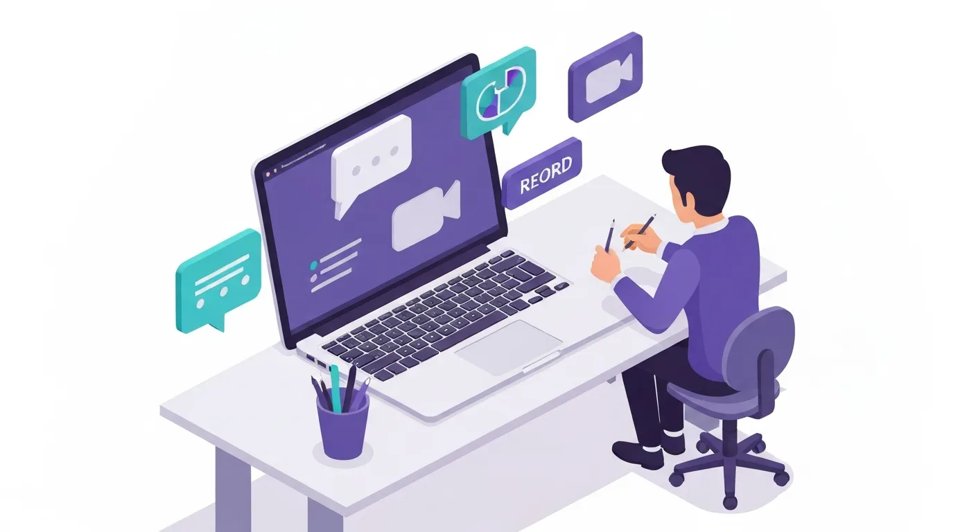 Wizualizacja wyboru platformy do webinarów. Osoba siedzi przy biurku przed laptopem, a wokół niej unoszą się ikony reprezentujące różne funkcje oprogramowania webinarowego.