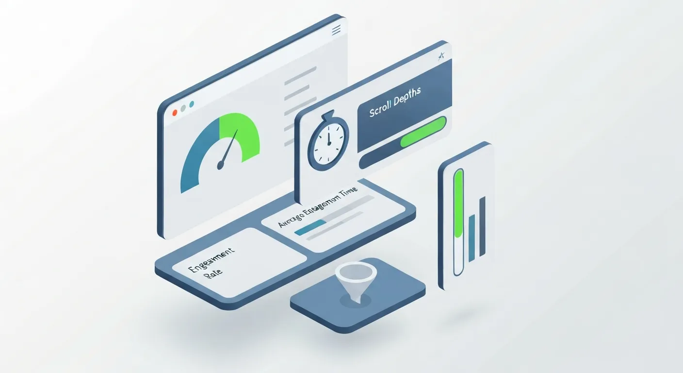 Izometryczna ilustracja pulpitu analitycznego (dashboard) pokazującego kluczowe wskaźniki jakości sesji. Na ekranie widoczne są widżety z wykresem wskaźnika zaangażowania, zegarem symbolizującym średni czas zaangażowania, lejkiem konwersji oraz graficznym przedstawieniem głębokości przewijania strony.