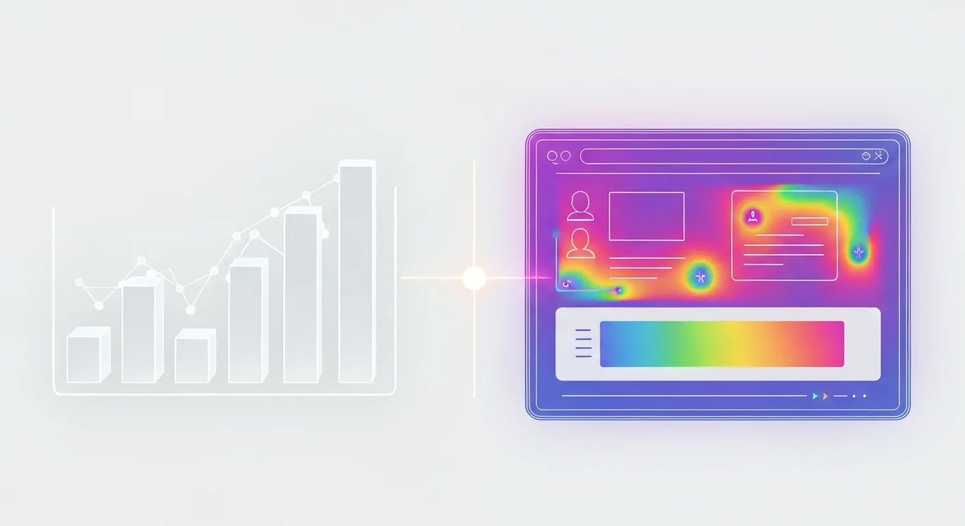 Abstrakcyjna wizualizacja połączenia danych ilościowych i jakościowych. Po jednej stronie znajdują się uporządkowane wykresy słupkowe i liniowe reprezentujące Google Analytics, a po drugiej kolorowa mapa cieplna (heatmap) nałożona na szablon strony internetowej, symbolizująca narzędzia takie jak Hotjar. Obie strony są połączone, co pokazuje synergię w analizie jakości sesji.