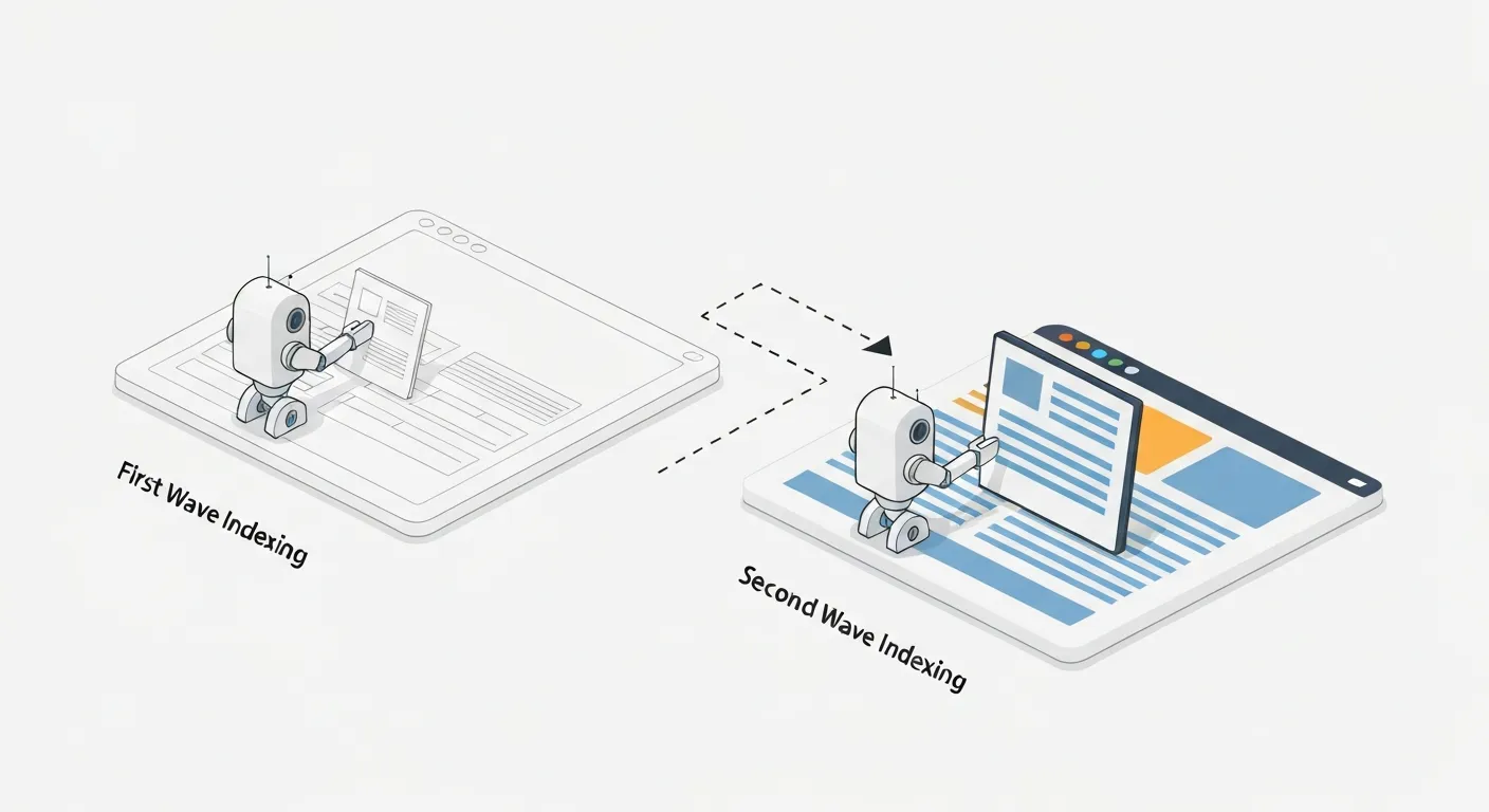 An infographic diagram explaining Google's two-wave indexing process for JavaScript websites. The first wave shows a crawler indexing a basic HTML skeleton. The second wave, after a delay for rendering, shows the crawler indexing the complete, content-rich version of the page, visually representing the 'indexing gap'.