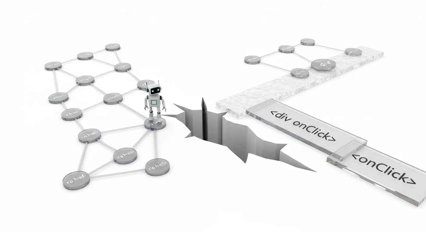 A conceptual illustration of a common JavaScript SEO error. A search engine bot is stopped at a broken path, unable to follow a link because it is built with a 'div' tag instead of a proper 'a href' tag, which is shown as the correct path material.