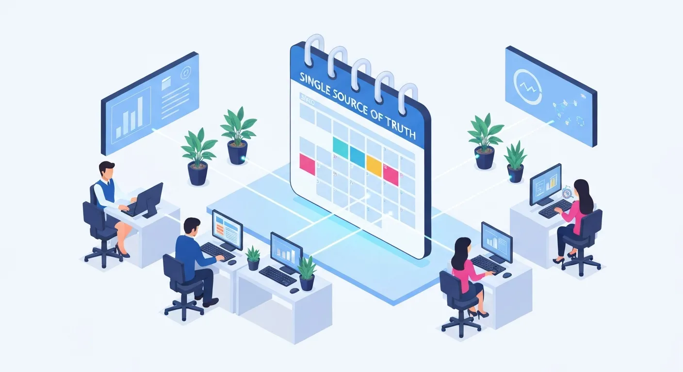 An isometric illustration showing a marketing team collaborating seamlessly, their workflows connected to a central editorial calendar hub, symbolizing improved teamwork and efficiency.