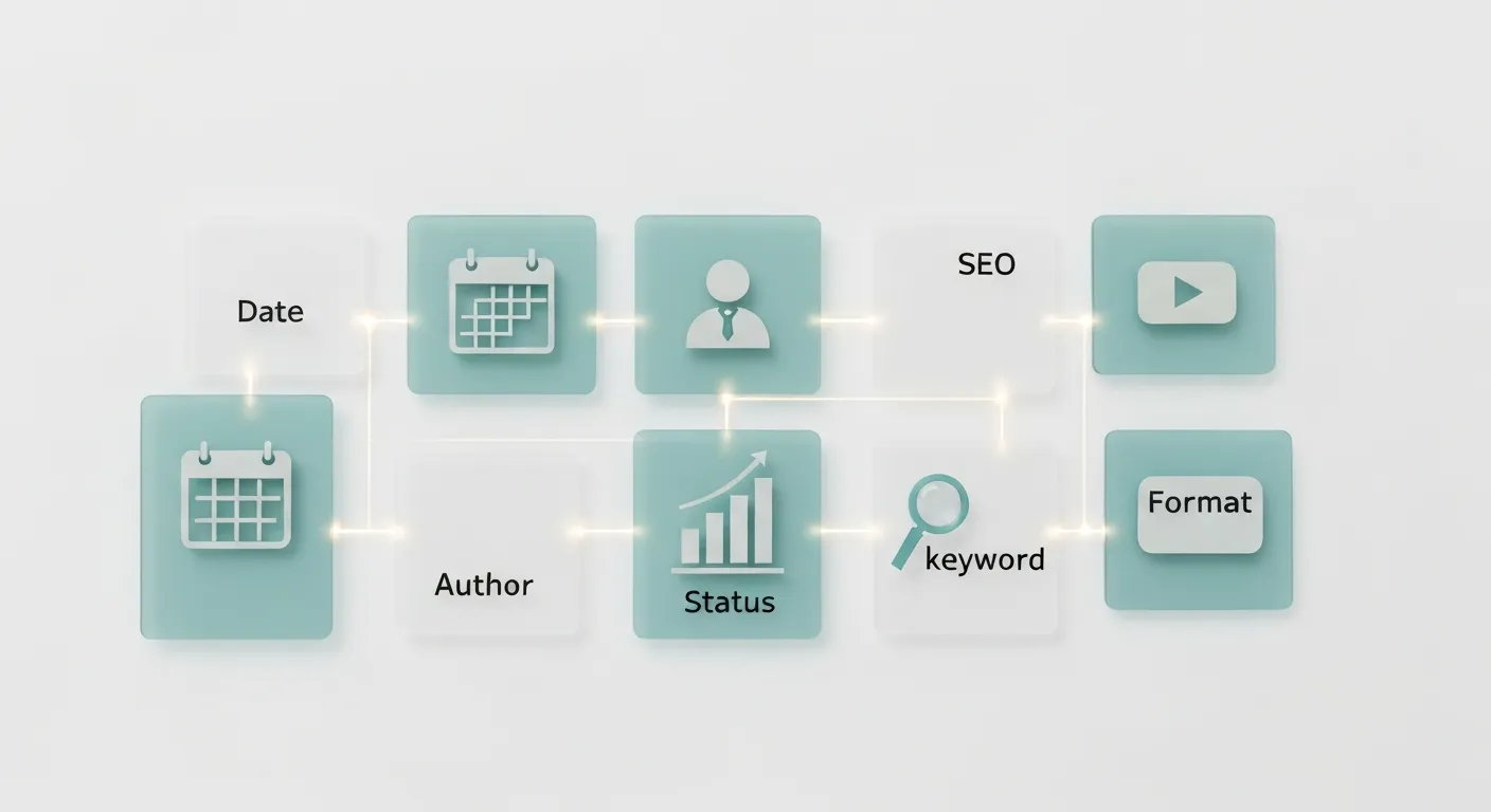 An abstract visualization of the key components of an editorial calendar, including icons for date, author, format, and keywords, all arranged in a structured grid to represent a detailed content plan.