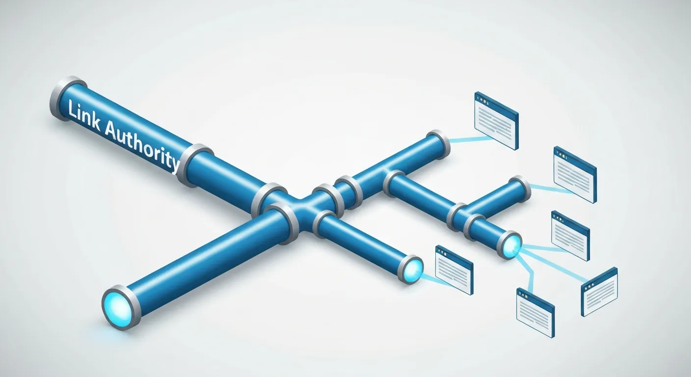 Wizualizacja pokazująca, jak autorytet SEO i moc linków (link juice) są rozcieńczane. Gruba, świecąca rura symbolizująca moc jest dzielona na kilka cienkich, słabych strumieni prowadzących do identycznych stron, co obrazuje skutki kanibalizacji słów kluczowych.