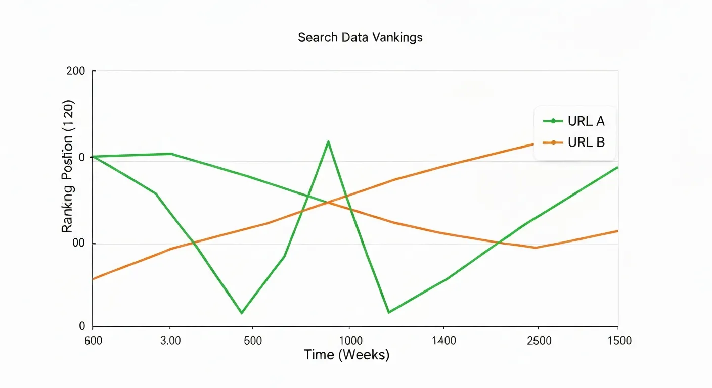 Graficzna reprezentacja 'Tańca Google' spowodowanego kanibalizacją. Wykres liniowy pokazuje dwie linie (reprezentujące dwie różne strony z tej samej witryny), które chaotycznie i niestabilnie zamieniają się miejscami w rankingu dla tego samego słowa kluczowego.