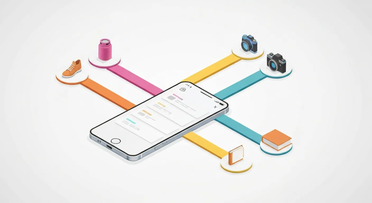 Izometryczna ilustracja pokazująca centralny smartfon z reklamą karuzelową, od której odchodzi pięć różnych, kolorowych ścieżek. Każda ścieżka prowadzi do innej ikony produktu (np. but, koszulka, zegarek), co wizualizuje zaletę karuzeli w prezentacji wielu produktów w jednej reklamie.