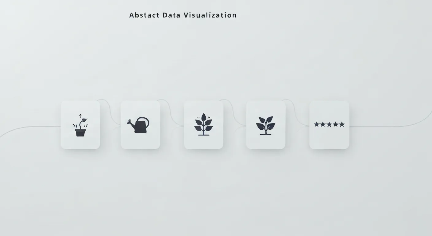 Wizualizacja koncepcji storytellingu w reklamie karuzelowej. Seria czterech połączonych ze sobą kart, które opowiadają prostą historię wizualną: od smutnej emotikony na pierwszej karcie, przez ikonę produktu na drugiej, po uśmiechniętą emotikonę i gwiazdki na ostatniej.