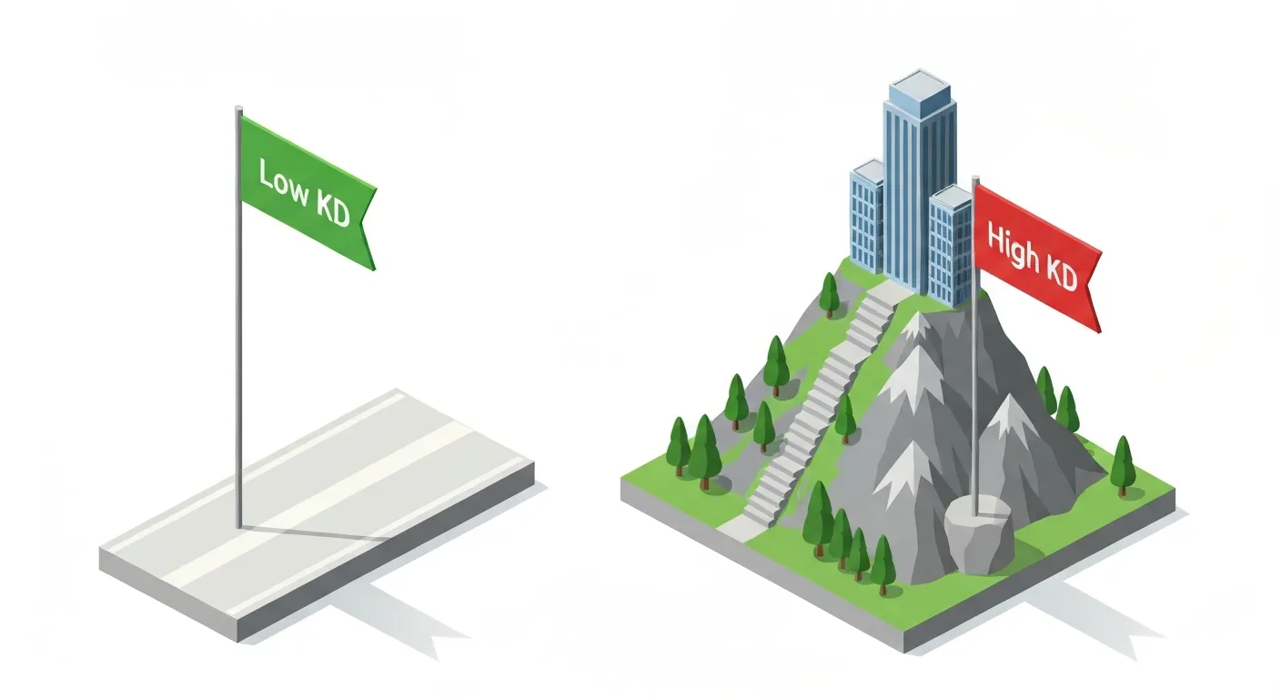 Wizualizacja konceptu Keyword Difficulty. Po lewej stronie łatwa ścieżka prowadzi do celu z napisem 'Niskie KD', a po prawej trudna, stroma wspinaczka do celu 'Wysokie KD', gdzie czeka wielu konkurentów.
