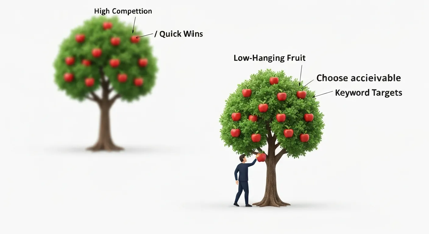 Ilustracja przedstawiająca strategię 'szybkich zwycięstw' w SEO. Postać z łatwością zbiera nisko wiszące, świecące owoce z drzewa oznaczonego 'Niski Wolumen, Niskie KD', podczas gdy w tle widać inne, bardzo wysokie drzewo z owocami poza zasięgiem.