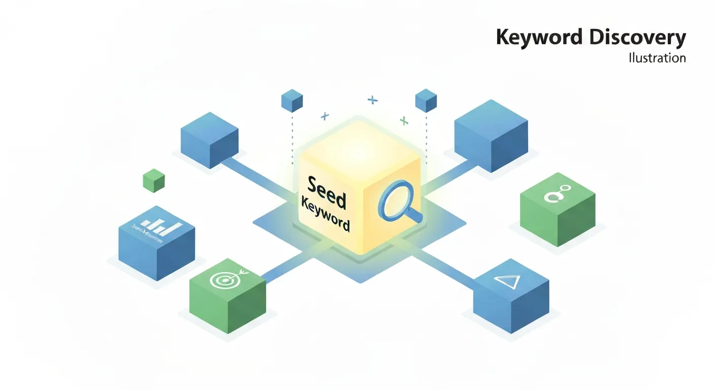 Ilustracja izometryczna przedstawiająca proces odkrywania nowych słów kluczowych, gdzie jedno słowo-klucz rozgałęzia się na wiele powiązanych fraz.