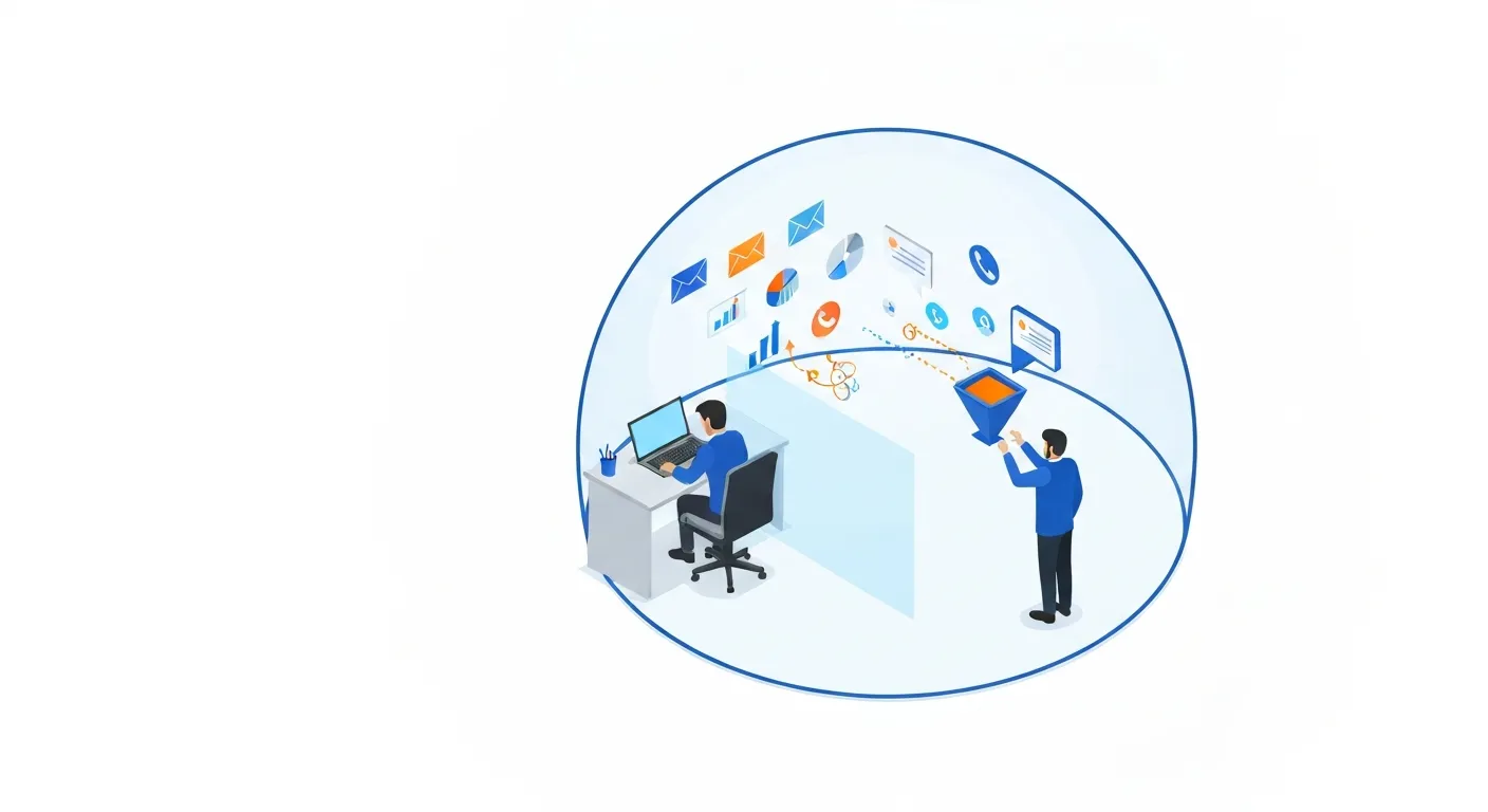 An isometric illustration of a gatekeeper acting as an intelligent filter. A flood of communication icons (emails, phone calls, messages) approaches a central desk where the gatekeeper efficiently sorts them, allowing only a few, high-value items to pass through a barrier to the desk of a busy executive.